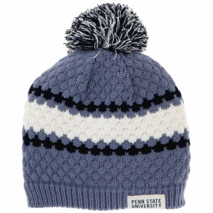 slate, navy, and white knit ripple beanie with pom and Penn State University tag